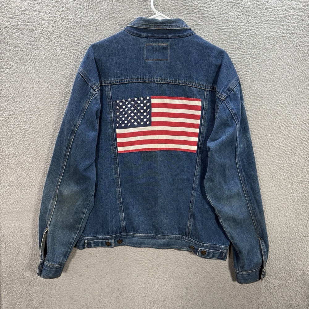 Vintage Open Trails Jacket Adult XL Blue Denim Bomber Workwear American Flag 90s